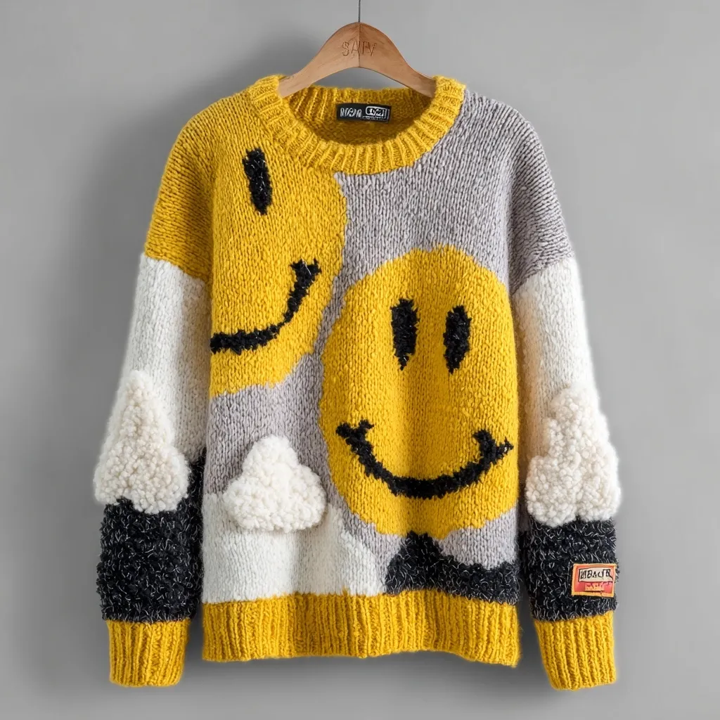 A yellow, gray, and white chunky knit sweater features large, playful smiley faces.  The sleeves are color-blocked with added fluffy cloud details.  The sweater has a relaxed fit and crew neck.  A small brand label is visible on one cuff. The overall aesthetic is cheerful and trendy.