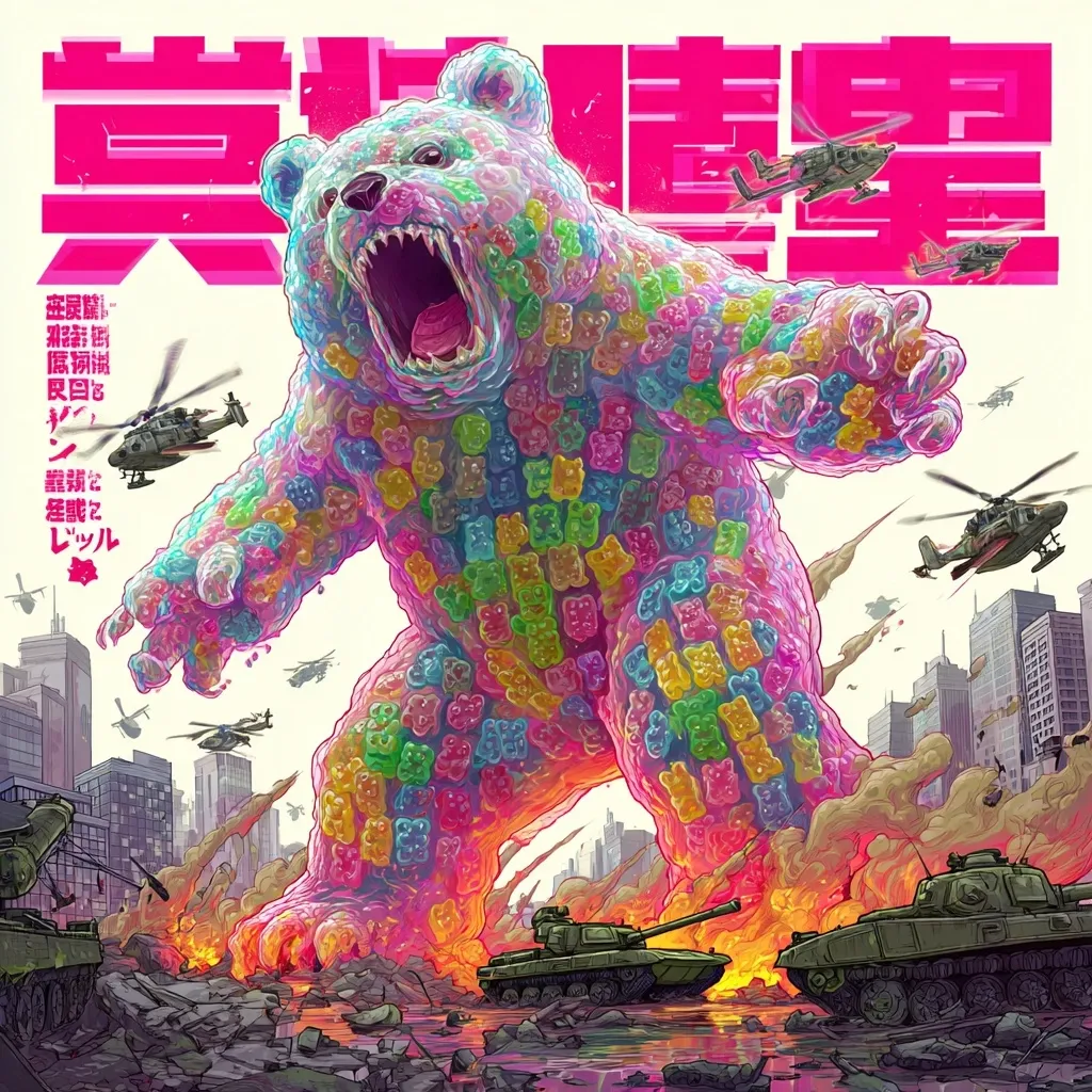 A colossal gummy bear monster, composed entirely of colorful gummy bears, stomps through a city under attack.  Military helicopters and tanks attempt to combat the massive, enraged creature amidst explosions and destruction. The vibrant, sugary bear contrasts sharply with the gritty, war-torn urban landscape, creating a surreal and visually striking scene.  The title, in Asian characters, adds to the dramatic impact.