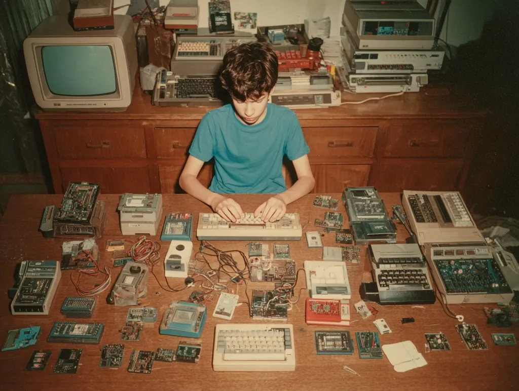 A young boy sits at a table surrounded by a vast array of vintage computer components and electronics.  The table is covered in circuit boards, keyboards, and various other parts, reflecting a passion for tinkering and early computing.  A vintage television and a stack of older computer systems are visible on a shelf behind him, further emphasizing the retro technological environment. The scene is nostalgic and evokes memories of the 1980s computing era.