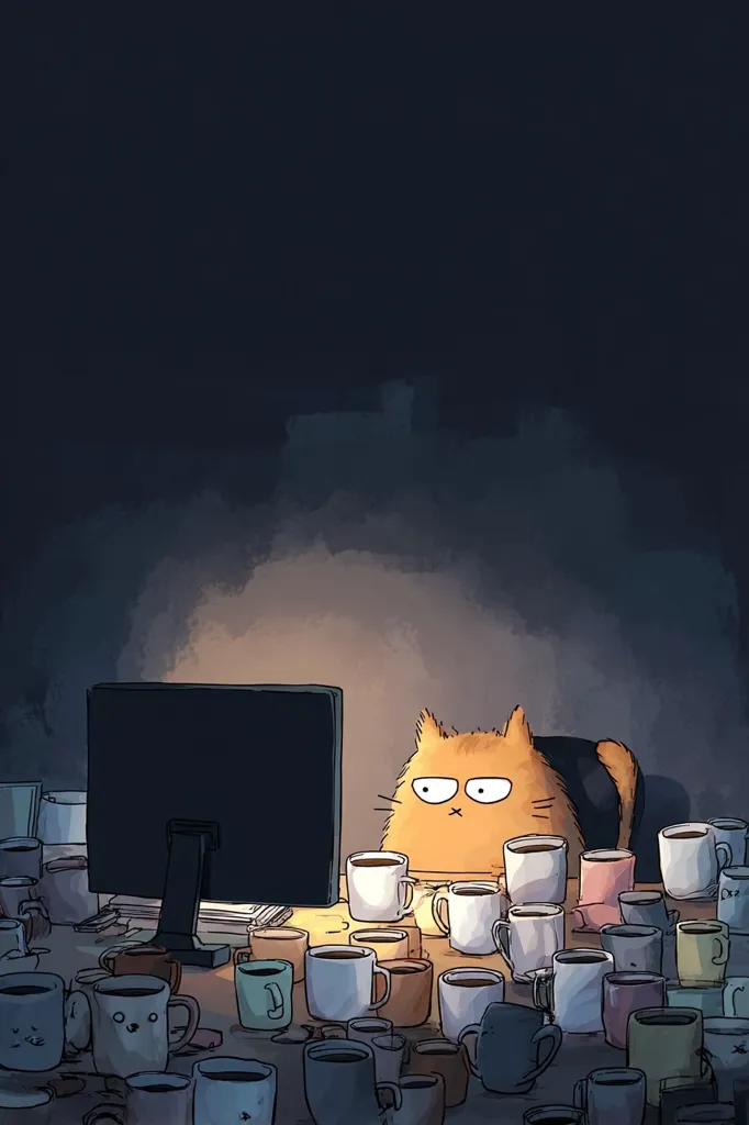 A grumpy orange cat sits before a computer monitor, surrounded by a multitude of coffee mugs on a desk. The scene is dimly lit, emphasizing the cat's annoyed expression and the overwhelming number of cups.  The overall style is cartoonish, with slightly rough textures and muted colors. The image suggests a humorous take on overwork or caffeine overload.