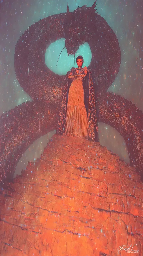 A regal woman in a flowing gold gown stands atop a reddish-orange stone staircase, her arms crossed.  Behind her, a massive, dark serpentine dragon coils, its form suggesting protection or imprisonment. The scene is bathed in a dreamy, ethereal light, with a soft, textured quality to the background, creating a mystical and powerful atmosphere.  The overall color palette is warm and saturated, enhancing the dramatic mood.