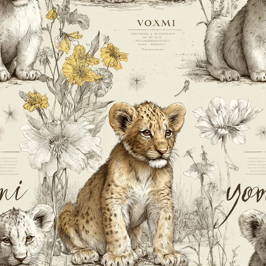 A cream-colored background features a repeating pattern of lion cubs amidst detailed botanical illustrations.  The cubs, rendered in sepia tones, are depicted in a seated position.  Elegant script text and botanical names are subtly incorporated into the design, suggesting a vintage or antique aesthetic. The overall style is reminiscent of a nature-themed wallpaper or textile print.