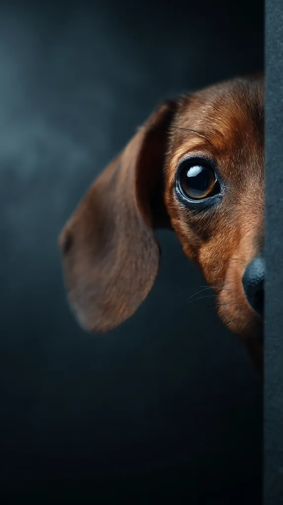 A close-up captures a dachshund's head peeking from behind a dark gray surface.  Its large, expressive eyes are captivating,  and its rich, brown fur is softly illuminated. The background is blurred, focusing attention on the dog's curious gaze.  The image evokes a sense of mystery and inquisitiveness.