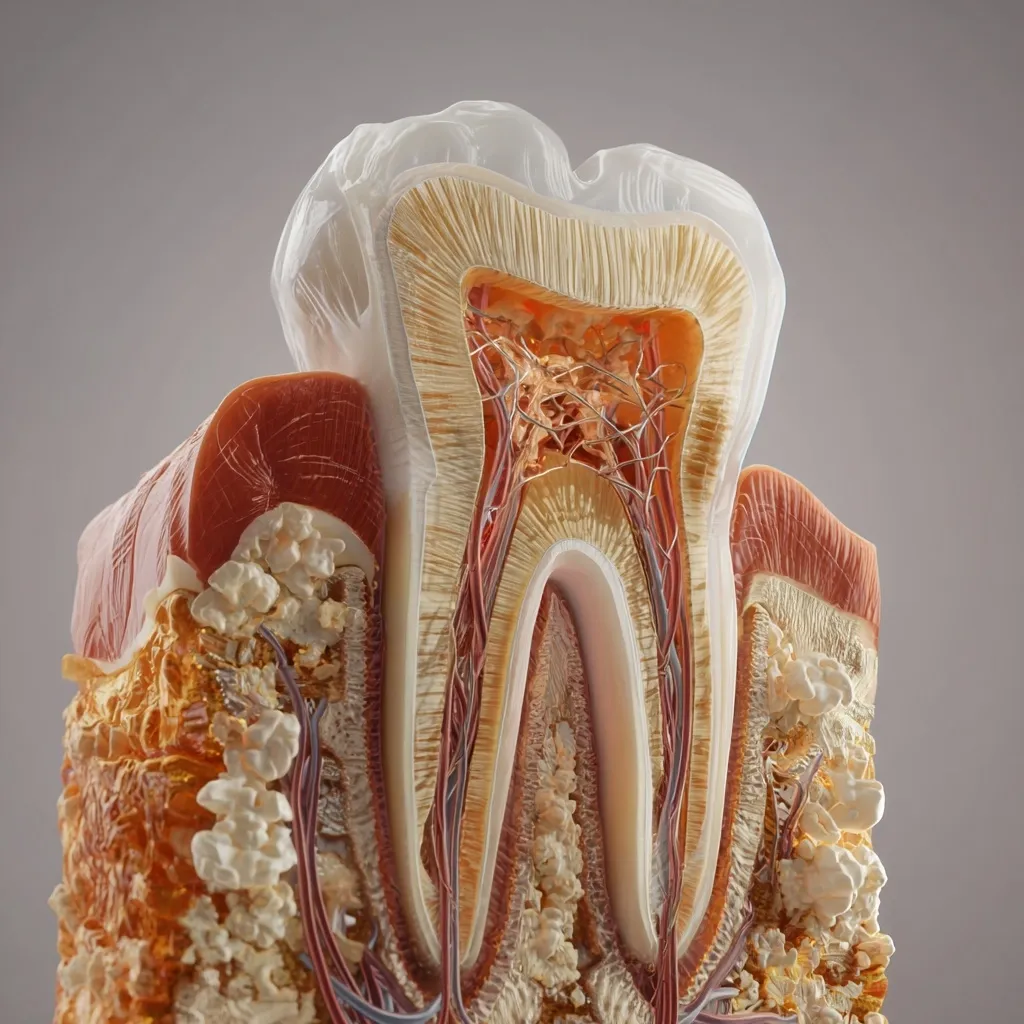 A detailed cross-section of a human tooth reveals its internal structures.  The enamel, dentin, pulp, and surrounding gum tissue are clearly visible, showcasing the intricate network of blood vessels and nerves within the tooth and its supporting alveolar bone.  The model highlights the complexity of tooth anatomy and its connection to the jaw.  Areas of potential decay or tartar buildup are also depicted.