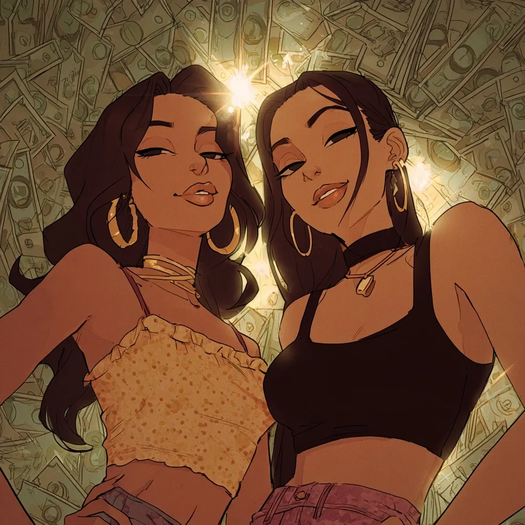 Two stylish young women, depicted in anime style, pose confidently amidst a backdrop of scattered dollar bills.  They wear gold hoop earrings and fashionable tops; one in a yellow patterned top, the other in a black crop top.  Their dark hair cascades around their shoulders. The overall impression is one of wealth and trendy fashion.