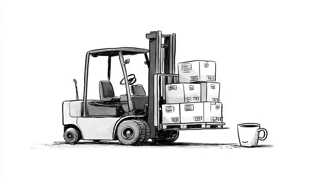 A black and white illustration depicts a forklift carrying a stack of boxes. The forklift is drawn in a cartoonish style, with simple lines and shading.  A coffee mug sits on the ground next to the forklift, suggesting a break in the workday.  The image has a slightly humorous tone.