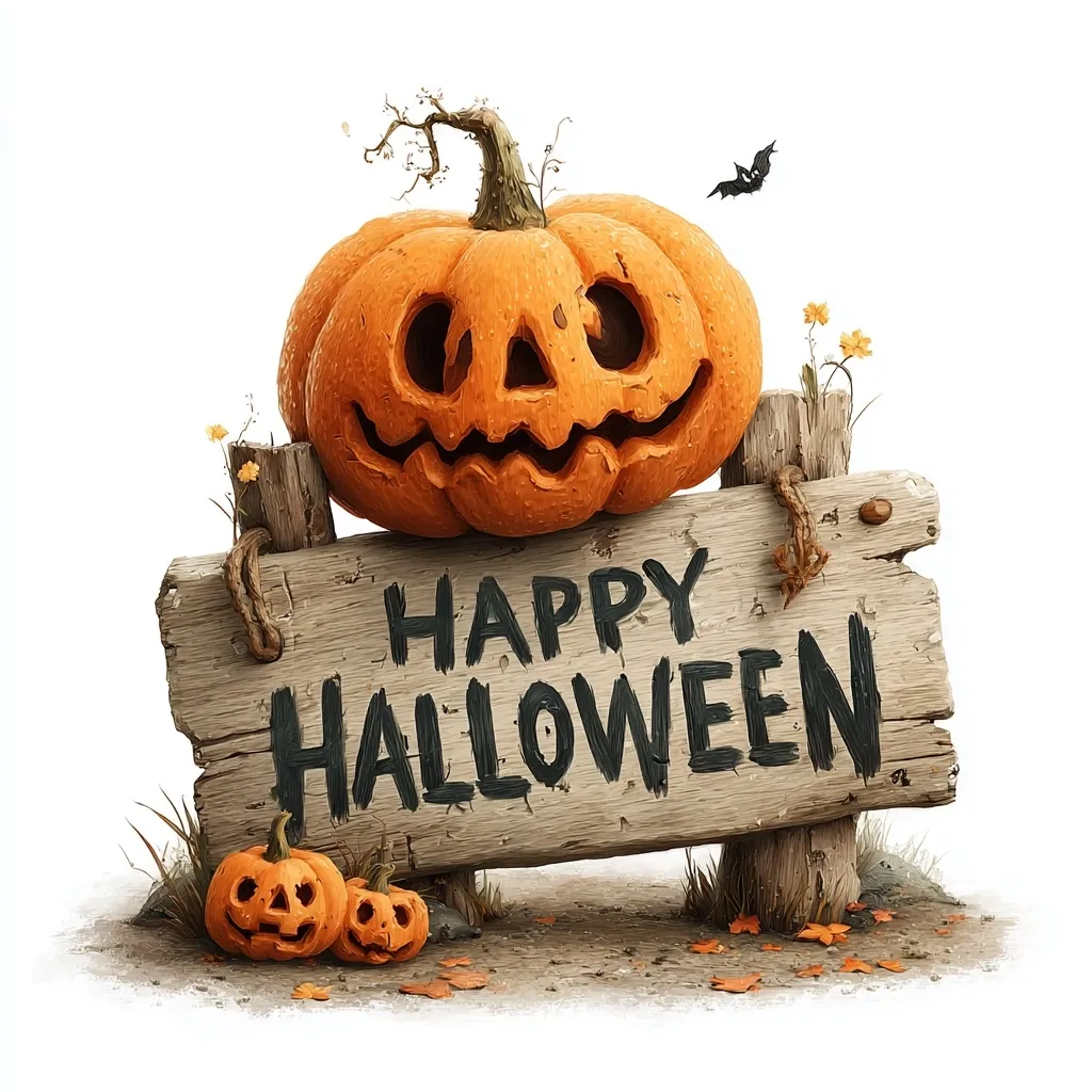 A whimsical Halloween scene features a large carved pumpkin atop a rustic wooden sign reading "Happy Halloween."  Smaller jack-o'-lanterns sit at the base, surrounded by autumnal foliage. A bat flies overhead, adding to the festive atmosphere. The image is digitally rendered, with a painterly style.