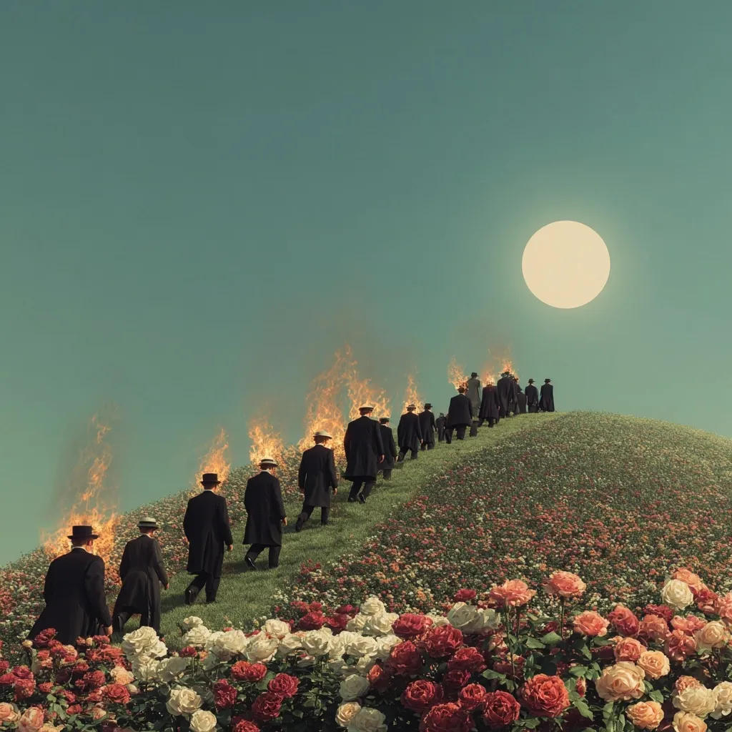 A surreal scene depicts a line of men in suits and hats ascending a hill covered in roses.  Their heads are engulfed in flames, yet they walk calmly towards a large, bright moon in a pale sky. The image evokes a feeling of unease and mystery, possibly suggesting a journey towards an unknown fate or sacrifice. The contrast between the fiery heads and the serene landscape creates a striking visual juxtaposition.