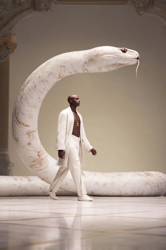 A male model, dark-skinned and wearing an all-white outfit, walks confidently.  He's adorned with a gold necklace.  The backdrop is a large, sculpted, off-white snake, its form reminiscent of marble, creating a striking contrast and surreal atmosphere in a minimalist, spacious setting.  The overall aesthetic is one of high fashion and artistic presentation.
