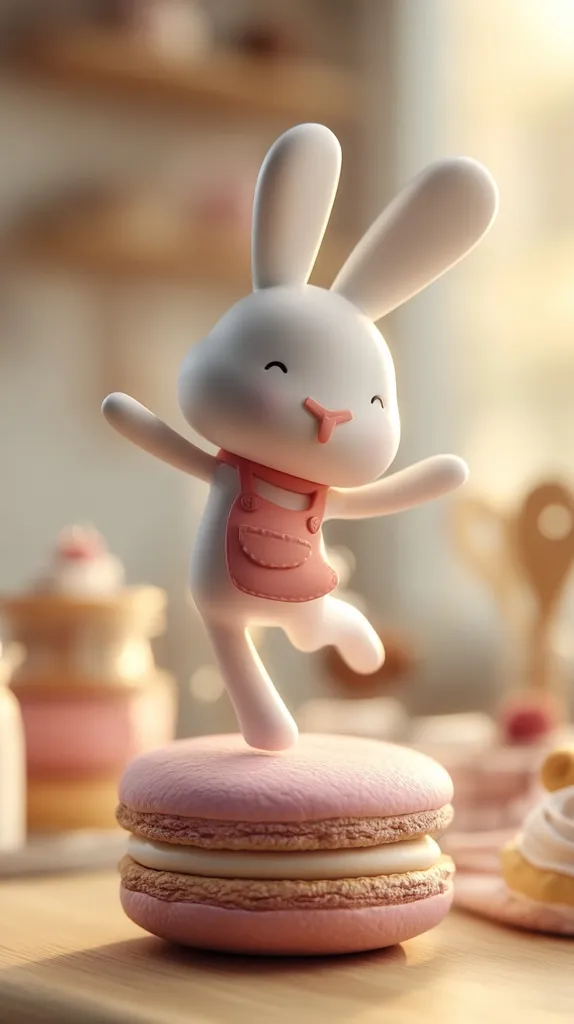 A cute, stylized 3D-rendered bunny, wearing a pink apron, joyfully leaps atop a delicate pink macaron.  The scene is softly lit, suggesting a sweet and whimsical bakery setting.  Blurred background pastries add depth, creating a charming, aesthetically pleasing image perfect for a greeting card or desktop wallpaper.