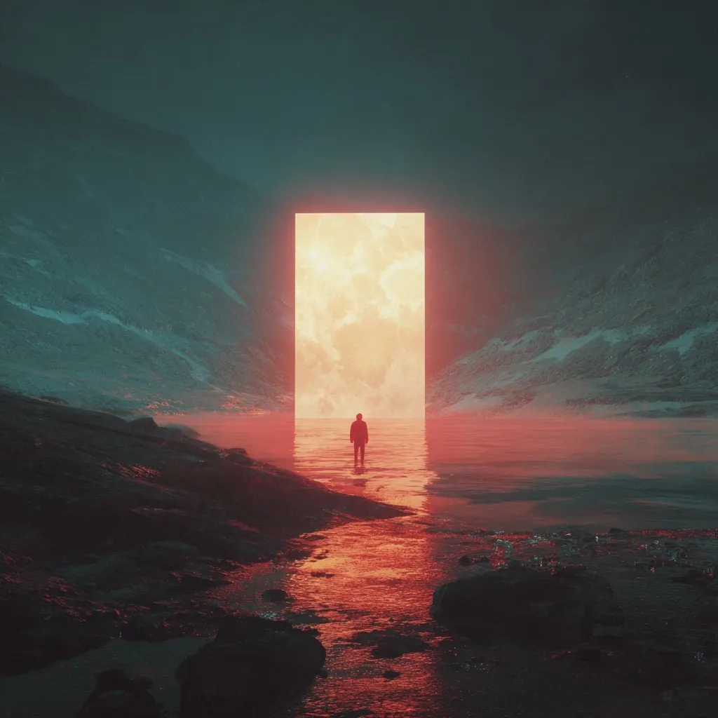 A solitary figure stands before a glowing, rectangular portal nestled between dark, snow-dusted mountains.  The portal emits a warm, orange light that illuminates a calm body of water leading to it. The scene is surreal and atmospheric, suggesting a transition between realms or a journey into the unknown.  The overall mood is one of mystery and contemplation.