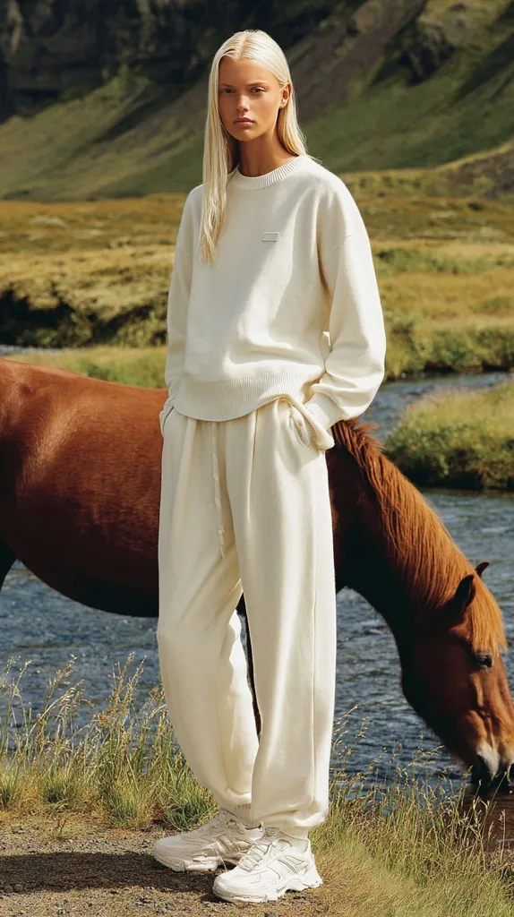 A blonde woman stands by a stream, wearing a cream-colored sweater and matching sweatpants.  The outfit is simple and elegant.  A brown horse drinks from the water in the background, creating a serene and picturesque setting. The woman's shoes are chunky white sneakers. The overall aesthetic is minimalist and natural.