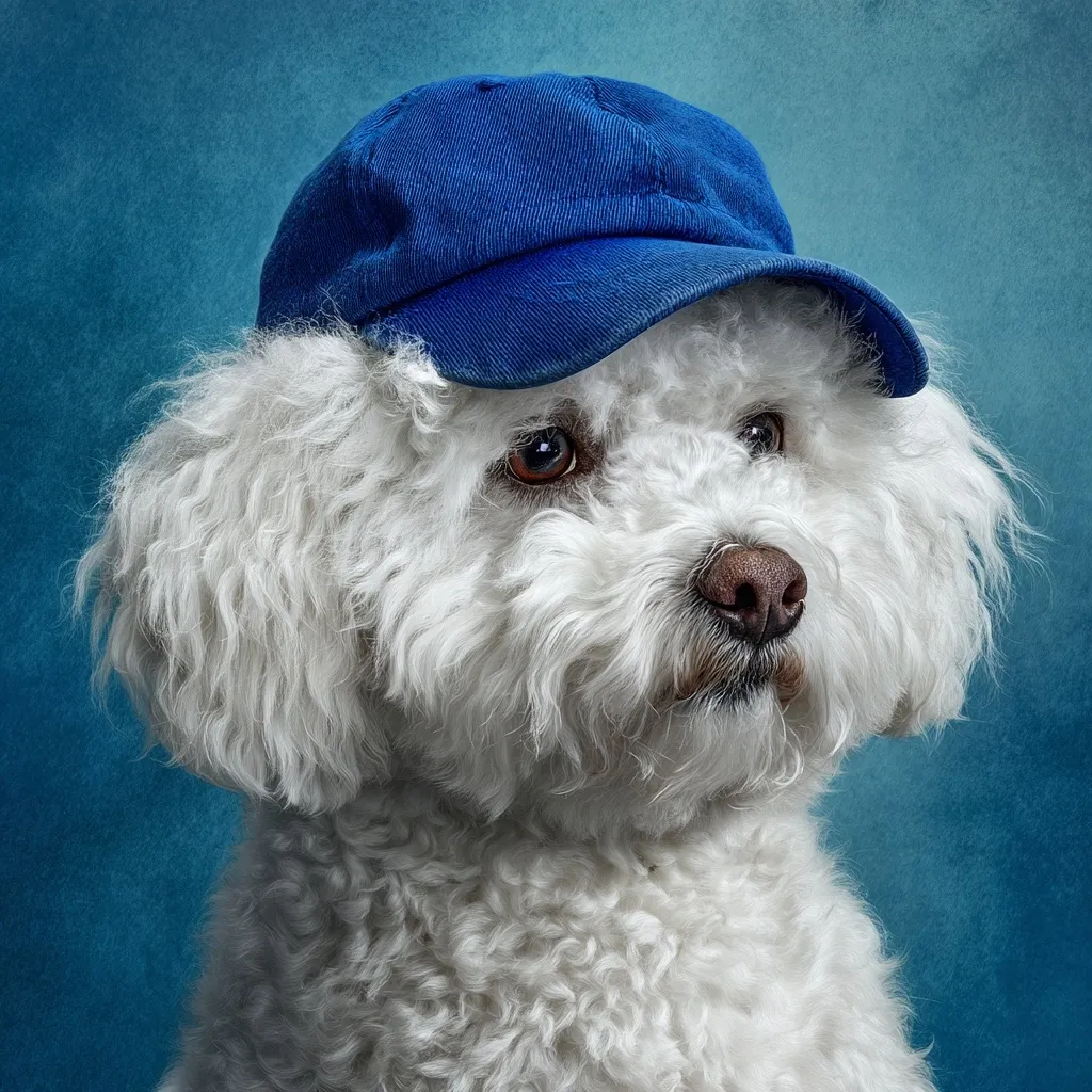 A fluffy white dog, possibly a Bichon Frise, is the focus of this portrait.  The dog wears a small, blue baseball cap, adding a playful touch to its serious expression. Its thick, white fur contrasts beautifully against a textured teal backdrop, creating a visually appealing image. The dog's gaze is directed slightly off-camera, adding a sense of intrigue.