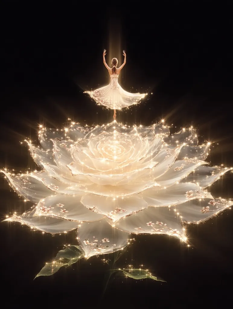 A ballerina in a flowing white dress stands atop a luminous, oversized rose.  The rose and dress shimmer with golden light and sparkles, creating a magical, ethereal scene against a black background.  The image evokes a sense of grace, beauty, and fantasy. The overall effect is dreamlike and elegant.