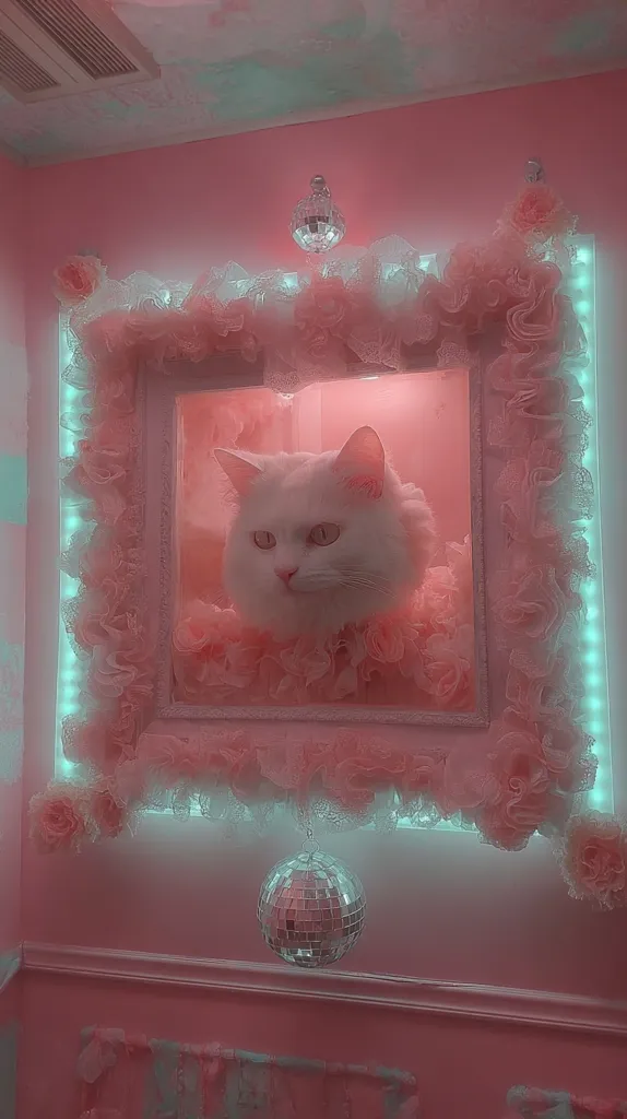 A fluffy white cat sits serenely within a pink, ornate frame adorned with lace and roses.  The frame is illuminated by a soft, teal light, and two disco balls hang above and below it. The overall aesthetic is intensely pink and whimsical, creating a visually striking and playful scene.  The pink walls and decorations further enhance the dreamy atmosphere.