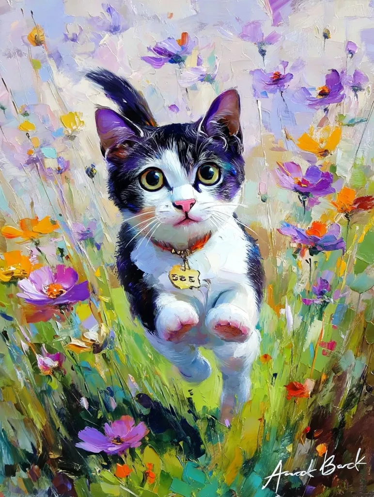 A vibrant oil painting depicts a tuxedo kitten mid-leap through a field of wildflowers.  The kitten, with bright green eyes and a playful expression, wears a collar with a tag.  The background is a profusion of colorful cosmos in varying shades of purple, pink, and orange, rendered with expressive brushstrokes. The overall style is impressionistic and joyful.