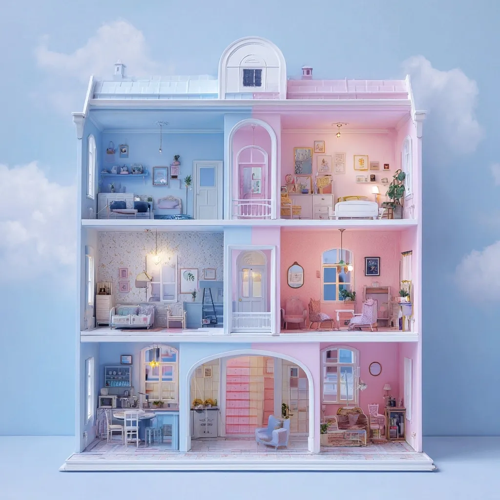 A meticulously crafted dollhouse, divided into a pastel blue and pink halves, stands against a dreamy blue sky.  Each floor showcases detailed miniature rooms, including bedrooms, living areas, and a kitchen, complete with tiny furniture and decor. The house is a charming blend of whimsy and realism, creating a captivating miniature world.  The open design allows a complete view of the interior, revealing the miniature details of each room.