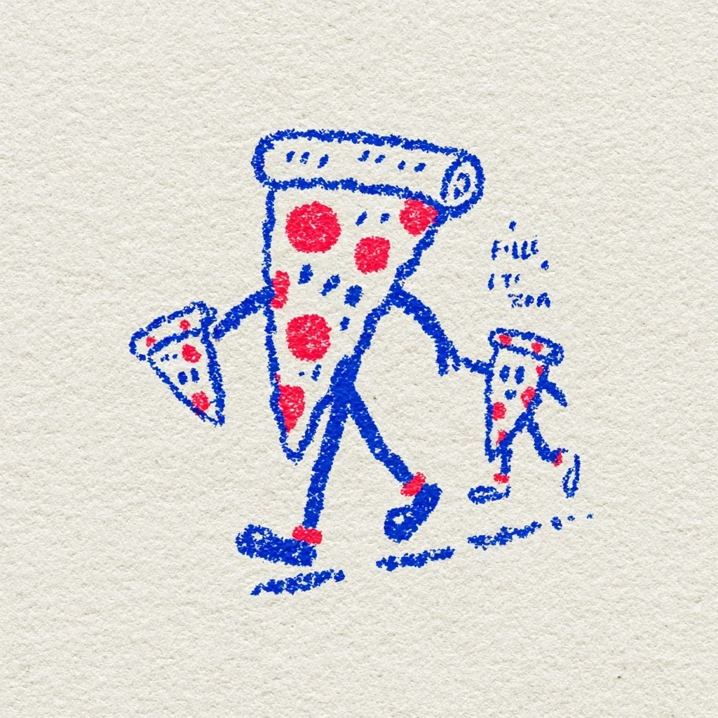 A whimsical crayon drawing depicts a large pizza slice character walking with a smaller pizza slice.  The larger slice carries a smaller pizza slice in its hand.  Both are drawn with simple stick figures and bold red and blue crayon strokes, evoking a childlike style. The scene is set against a textured, off-white background.  Small text near the smaller pizza slice reads "Fill It Up".