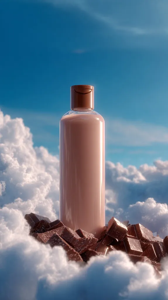 A cylindrical bottle of light brown lotion or cream sits atop a pile of milk chocolate pieces nestled in fluffy white clouds against a bright blue sky. The bottle has a dark brown cap. The scene is surreal and evokes a feeling of lightness and sweetness.  The contrast between the chocolate, lotion, and clouds is striking.