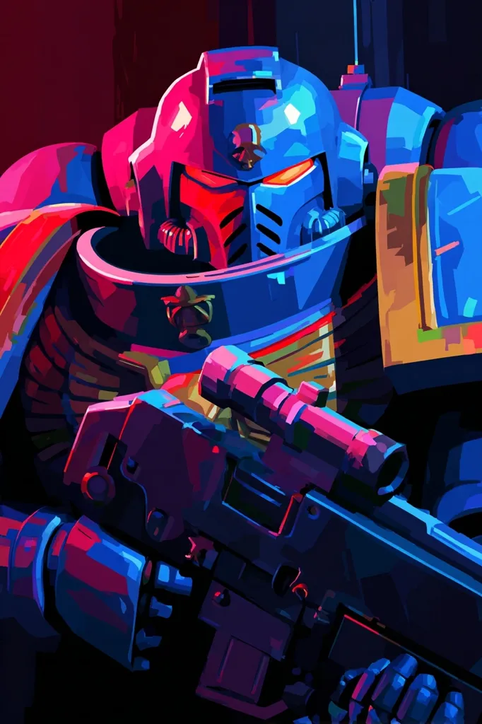 A stylized artwork depicts a Space Marine, a heavily armored soldier from the Warhammer 40,000 universe.  The vibrant color palette uses bold blues, pinks, and purples in a dynamic, almost neon effect. The Marine is powerfully built, wielding a large, detailed weapon. The helmet and armor are intricately designed, showcasing the character's futuristic and militaristic aesthetic. The image's sharp lines and contrasting colors create a striking visual.