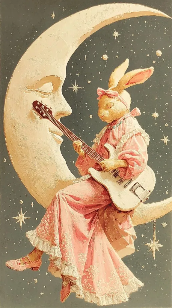 A whimsical illustration depicts a rabbit in a pink dress, seated on a crescent moon against a starry night sky.  The rabbit delicately plays a white electric guitar. The style is reminiscent of vintage children's book illustrations, with a soft, painterly texture and a dreamy, ethereal atmosphere.  The scene is charming and fantastical.