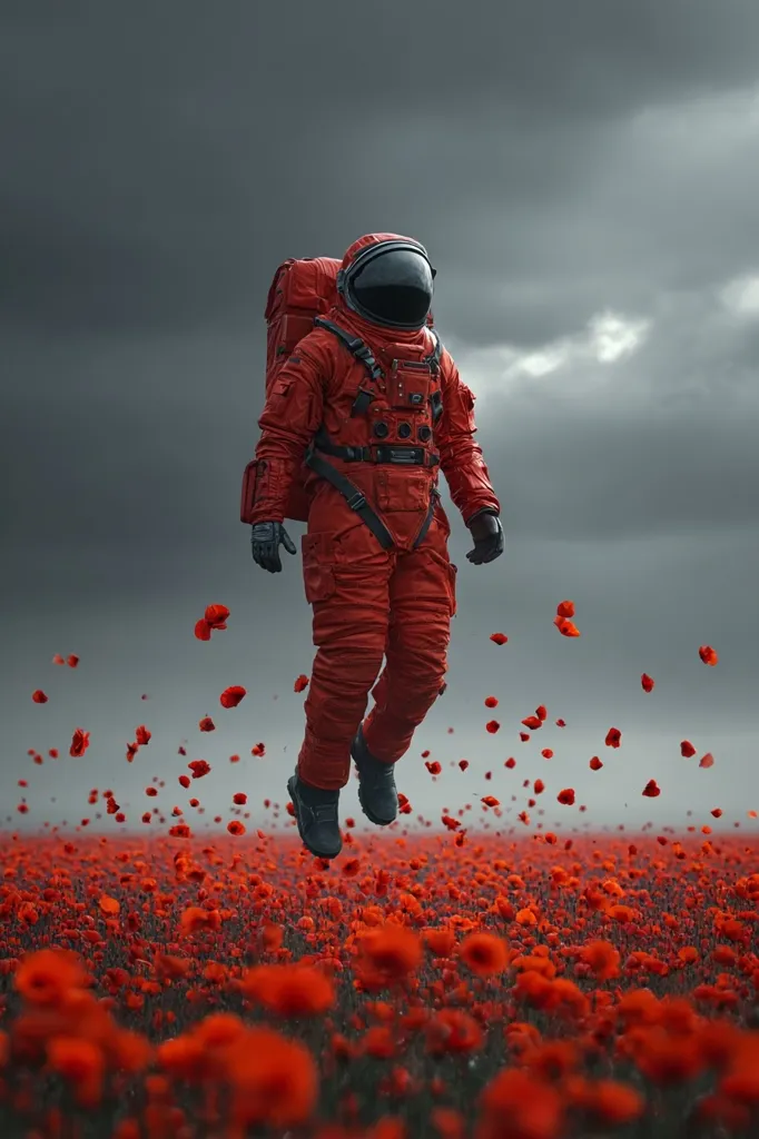 An astronaut in a vibrant red spacesuit floats gently above a vast field of crimson poppies.  Petals drift around the astronaut, creating a surreal and dreamlike atmosphere under a brooding, grey sky. The image evokes a sense of solitude, wonder, and the juxtaposition of the technological and natural worlds.