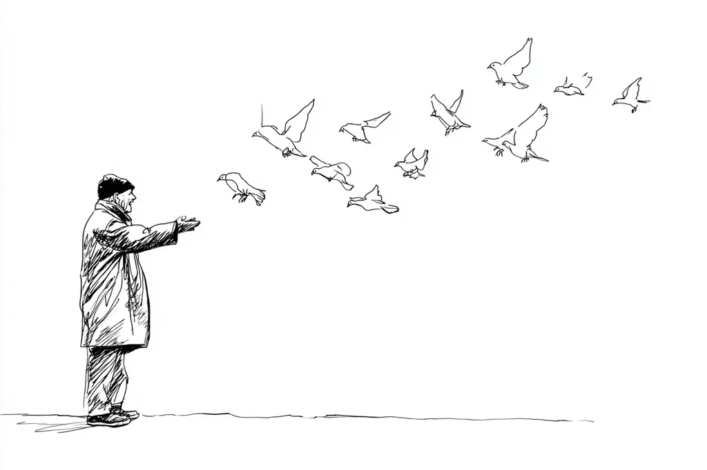 A simple line drawing depicts an elderly man in a coat, standing and extending his hands outward.  A flock of birds, drawn in a similar minimalist style, flies away from him, suggesting he has just fed them. The scene is peaceful and evokes a sense of quiet interaction between man and nature.  The background is plain white, emphasizing the figures in the foreground.