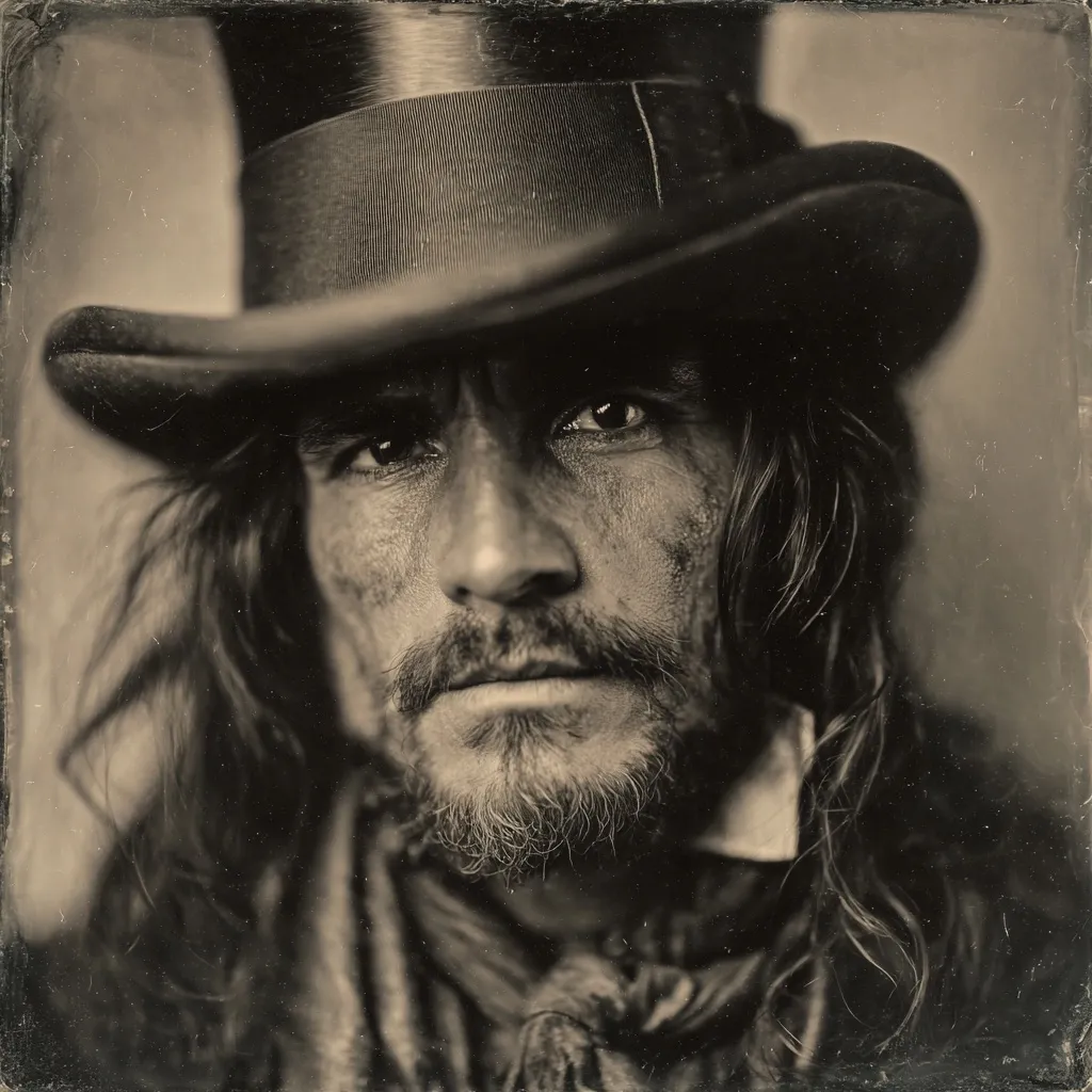 A sepia-toned portrait captures a man with long, dark hair, a goatee, and a weathered face. He wears a top hat, casting a shadow over his intense gaze. His clothing suggests a period piece, perhaps from the 19th century. The image evokes a sense of mystery and ruggedness, with a slightly distressed texture around the edges, enhancing the vintage effect.  The photograph’s style is reminiscent of old tintypes or daguerreotypes.