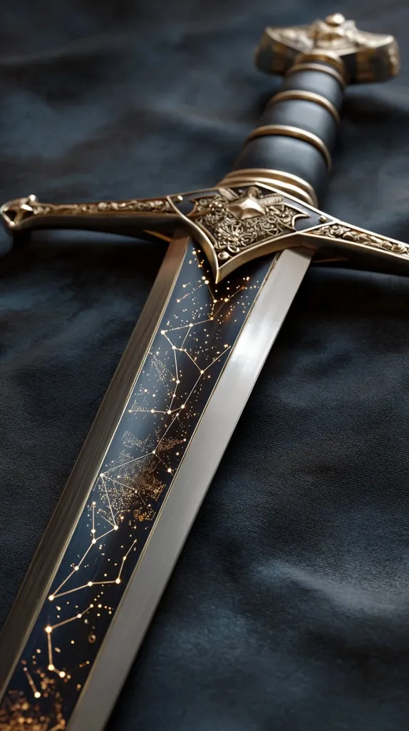 An ornate sword rests on a dark fabric.  The blade is adorned with an intricate design of constellations, rendered in gold against a dark background.  The hilt is black with gold accents, displaying elaborate carvings. The overall aesthetic is one of elegance and power, suggesting a mythical or fantasy context.  The image highlights the sword's details and craftsmanship.