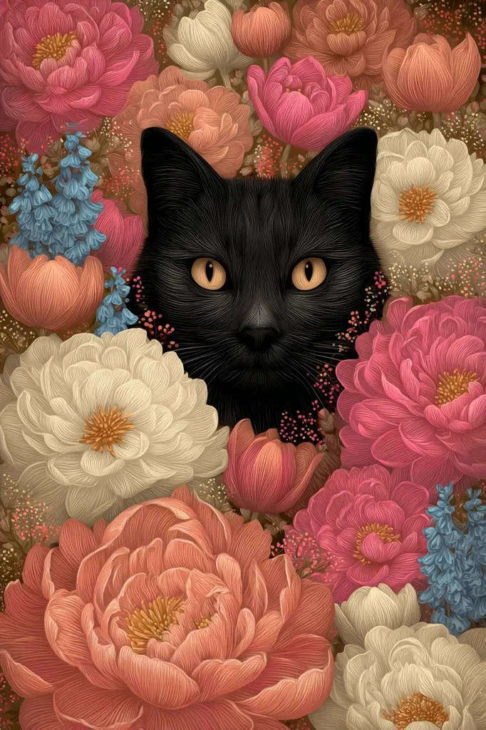 A black cat's face peeks from behind a profusion of vibrant flowers.  The image is a detailed, almost hyperrealistic depiction of peonies in various shades of pink, peach, and white, along with smaller blossoms and delicate blue flowers.  The contrast between the cat's dark fur and the bright blooms creates a striking visual effect. The style evokes a sense of romantic, vintage botanical illustration.