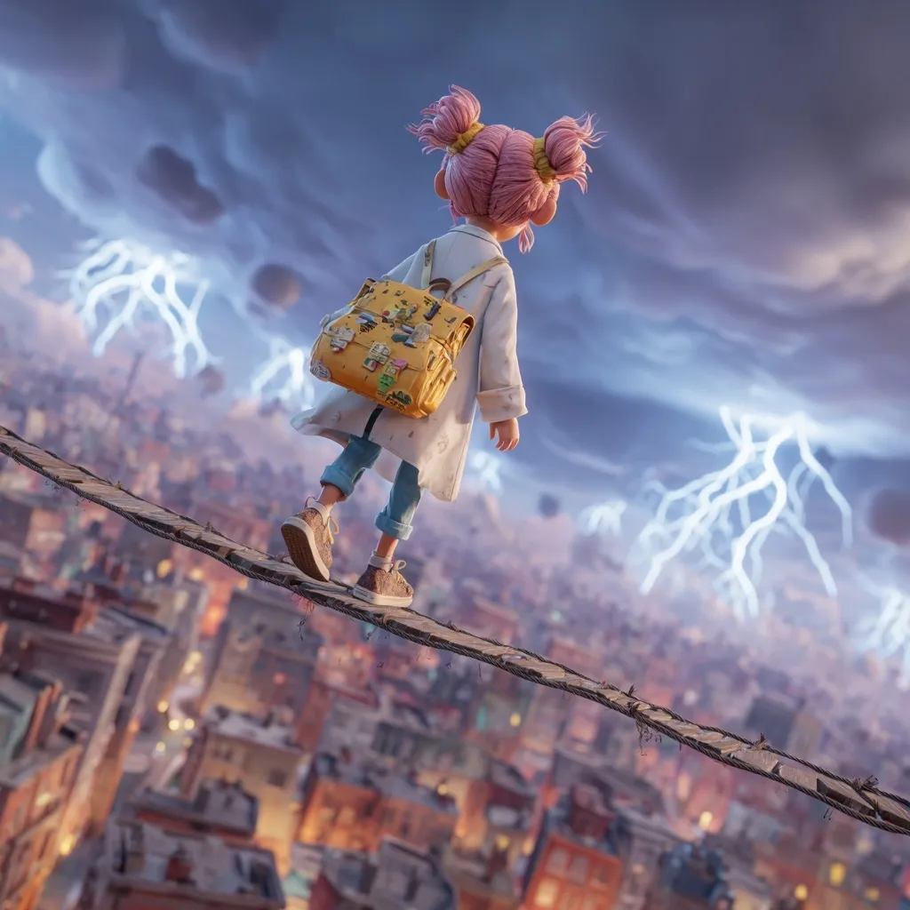 A stylized girl with pink pigtails and a yellow backpack walks a precarious rope bridge high above a city.  A stormy sky filled with lightning crackles ominously in the background. The scene is rendered in a vibrant, cartoonish style, suggesting a blend of adventure and peril. The girl's determined gait suggests she is facing a significant challenge.