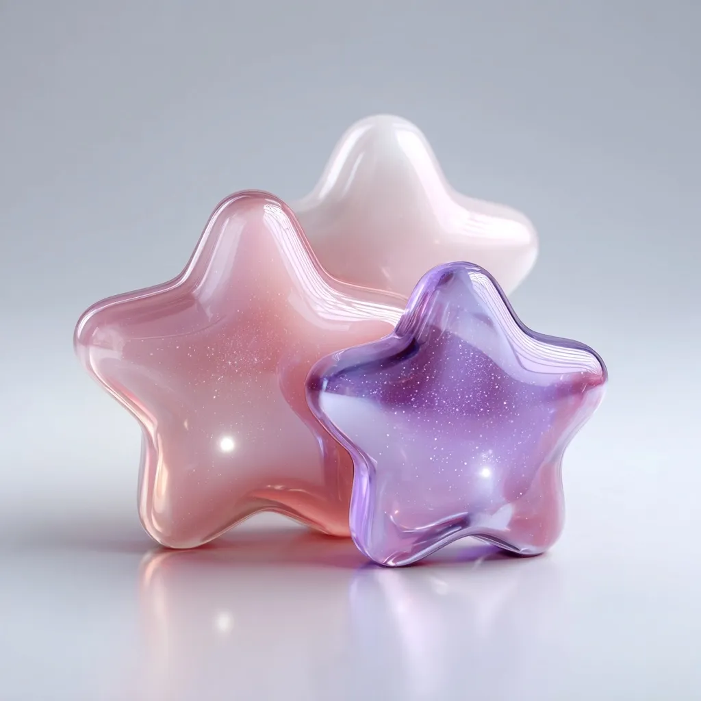 Three glossy star-shaped objects are arranged, with a light pink star in the back, a darker pink star slightly overlapping it, and a purple star in the foreground.  They appear to be made of glass or resin, with subtle glitter embedded within.  The objects are displayed on a reflective surface against a neutral gray background.