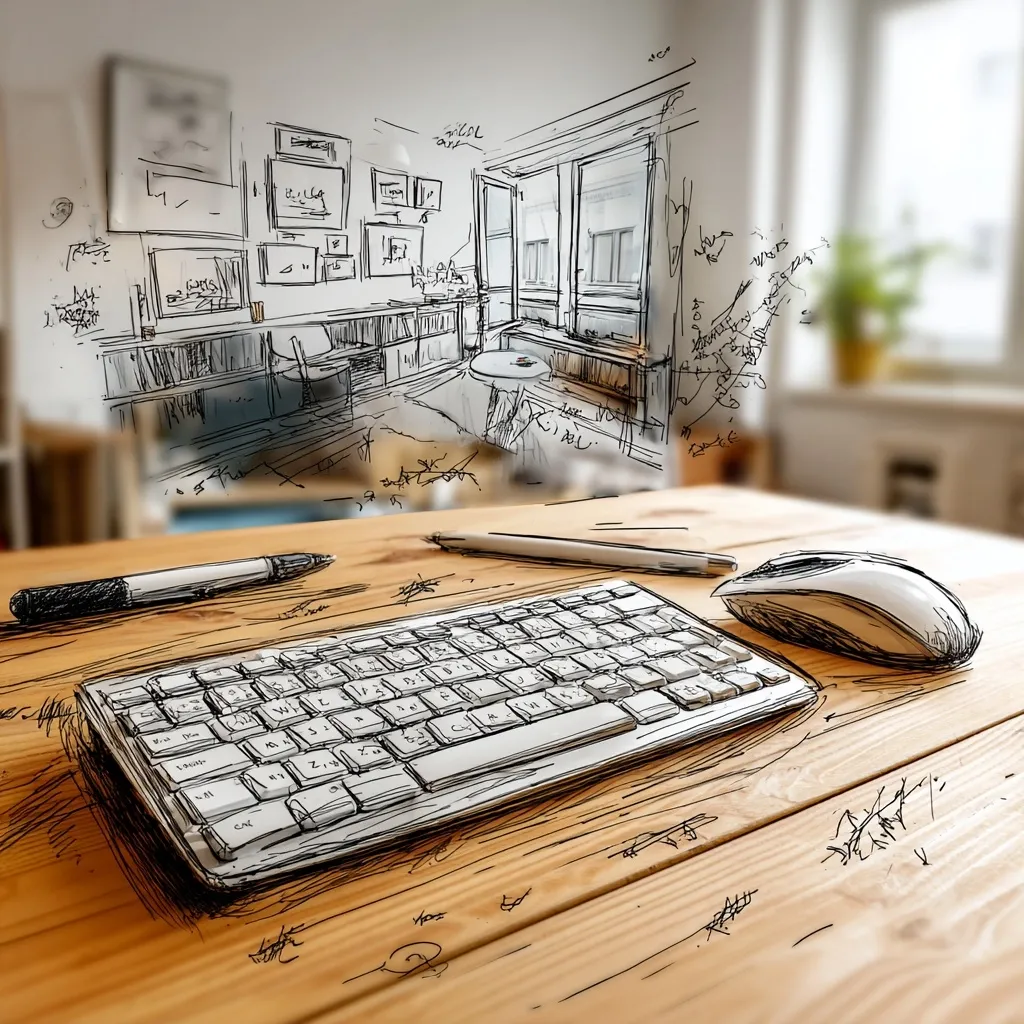 A sketch of a room design hovers above a wooden desk.  A wireless keyboard and mouse sit on the desk, alongside pens. The sketch shows a room with furniture and windows, filled with hand-drawn annotations and measurements.  The image suggests the process of interior design, using digital tools to bring a vision to life. The style is a blend of digital and hand-drawn elements.