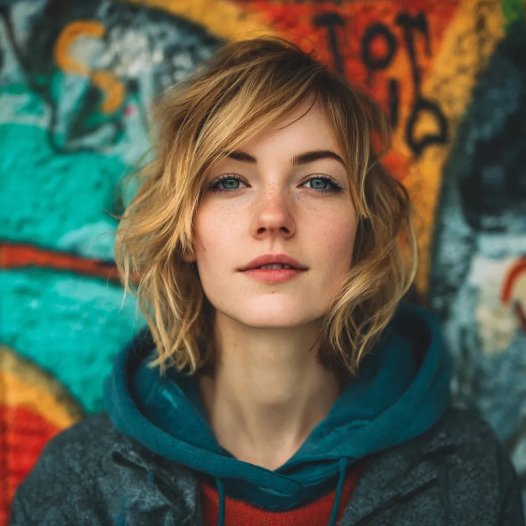 A young woman with light blonde, wavy hair and freckles stares directly at the camera.  She has blue eyes and is wearing a teal hooded sweatshirt under a dark grey jacket. The background is a vibrant, colorful graffiti wall. The image is a close-up portrait, focusing on her face and expression.