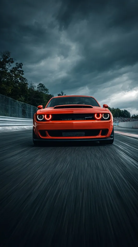 A vibrant orange Dodge Challenger Hellcat Redeye speeds down a racetrack under a dramatic, dark sky.  The car's headlights illuminate the road ahead, creating motion blur.  The background features lush green trees and a hint of spectators in the distance, adding contrast to the powerful machine in focus.  The overall mood is one of speed, power, and intensity.