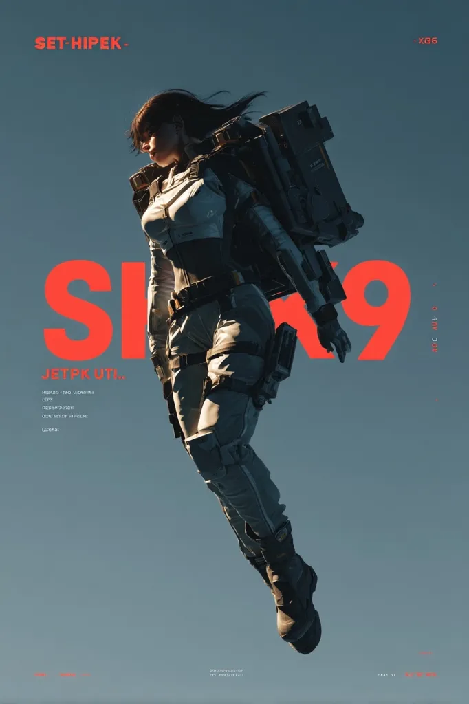 A stylized poster features a female character in futuristic combat gear, mid-air against a muted blue sky.  The large, bold lettering "SK9" dominates the composition.  The character's attire is a blend of white and grey, with detailed technological elements incorporated into the design.  The overall aesthetic is sleek and futuristic, suggestive of a science fiction or video game context.  The artist's name, "SET-HIPEK," is subtly included at the top.