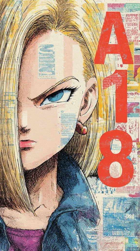 A stylized portrait of Android 18 from Dragon Ball Z.  The image uses a collage-like technique, layering a detailed comic-style drawing of 18's face over a textured background of newspaper clippings and paint.  The large, red "A18" adds a bold graphic element, contrasting with the detailed character rendering. The overall effect is a vibrant and dynamic blend of styles.