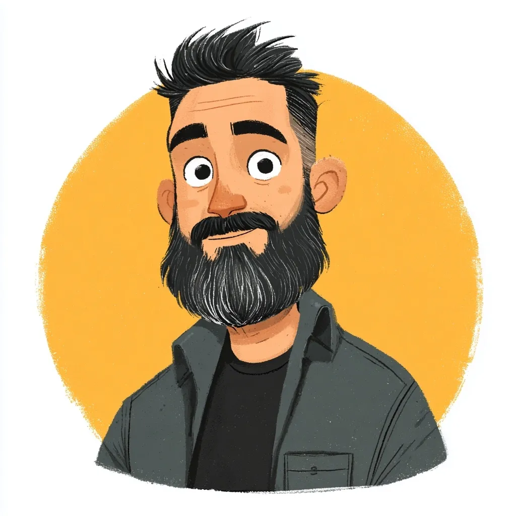 A stylized illustration depicts a man with dark, slightly spiky hair and a full, dark beard.  He has large, expressive eyes and a pleasant expression. He's wearing a dark gray jacket over a black shirt, set against a vibrant yellow circular background. The artistic style is cartoonish, with visible brushstrokes adding texture.