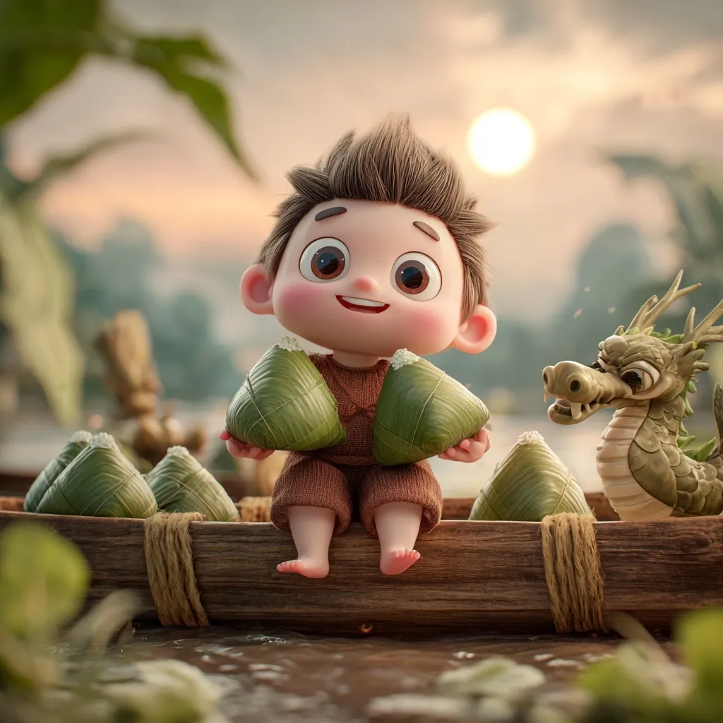 A cute, chubby-cheeked cartoon boy sits in a small wooden boat holding two zongzi (rice dumplings).  Several more zongzi are arranged around him in the boat.  A small, friendly-looking cartoon dragon is beside him, adding to the whimsical scene set at sunset near water. The overall mood is cheerful and heartwarming.