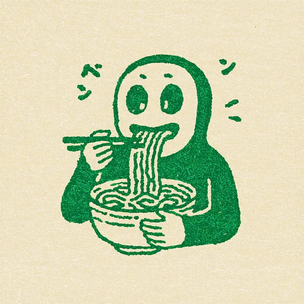 A green, cartoon-like figure with a simple, round head and body enthusiastically slurps noodles from a bowl using chopsticks.  The figure's expression is one of joyful consumption, with strands of noodles extending from the bowl to its mouth.  The style is reminiscent of a child's drawing or a simple graphic design. The background is a light beige.