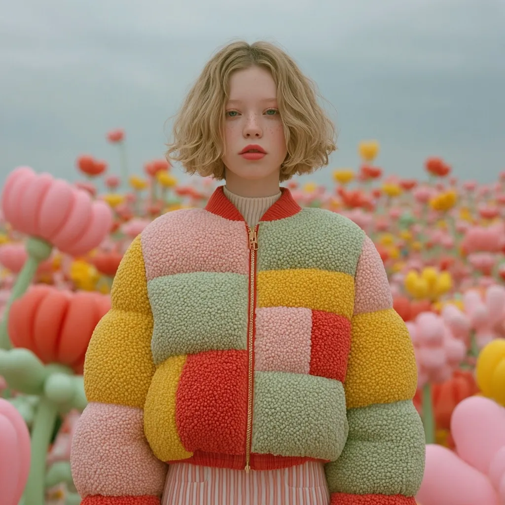 A young woman with a short, wavy blonde bob stands in a field of pastel-colored balloon flowers. She wears a vibrant, patchwork bomber jacket in shades of pink, yellow, green, and red. The jacket is puffy and textured, adding to the whimsical feel of the scene.  Her expression is neutral, creating a striking contrast against the cheerful background.