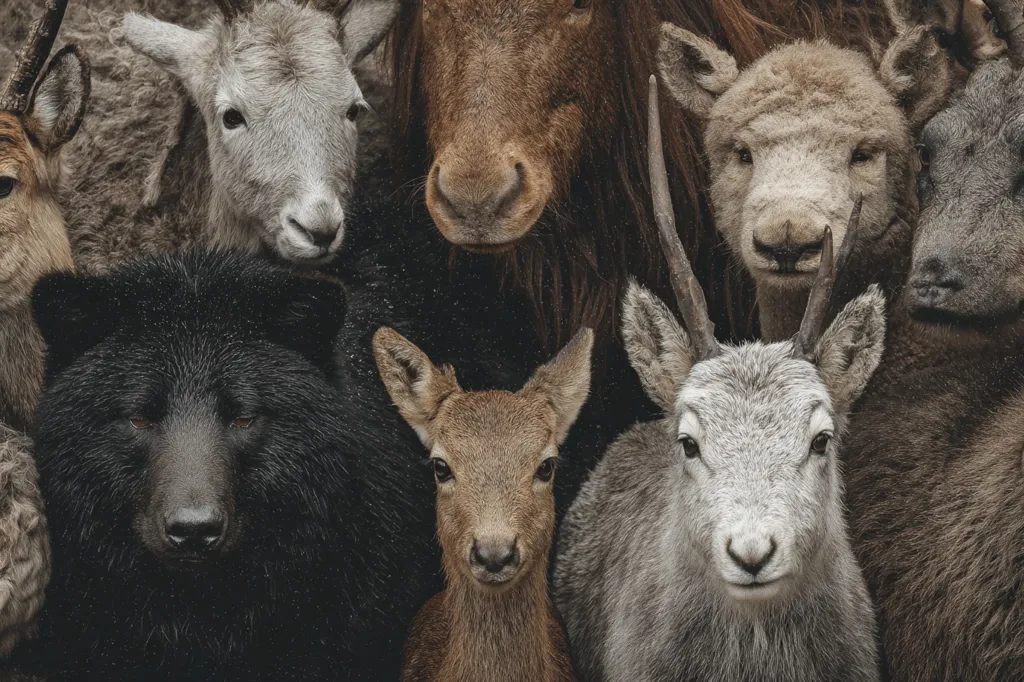 A captivating close-up reveals a diverse group of animals huddled together.  A black bear dominates the center, surrounded by various goat and sheep breeds, a deer, and a glimpse of an antelope.  Their fur, ranging from light gray to deep brown, contrasts beautifully.  The scene is subtly snowy, adding to the overall ambiance.  The animals' expressions range from curious to serene, creating a unique and intriguing composition.