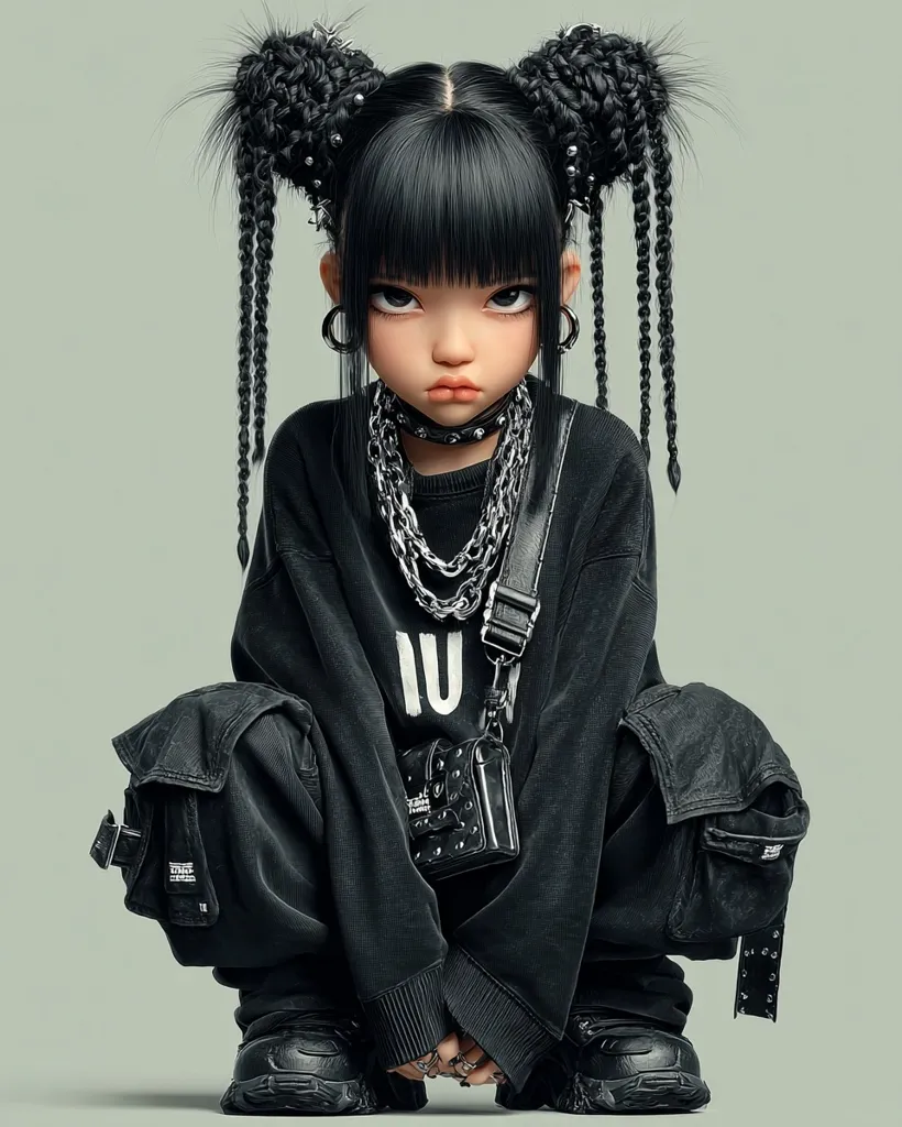 A digital rendering depicts a young girl with dark, braided hair styled in topknots. She's dressed in all black, sporting a baggy sweatshirt, cargo pants, chunky boots, and numerous silver chains and a small purse. Her expression is serious, and her style leans towards a dark, edgy aesthetic. The overall image is high-quality and detailed, showcasing advanced digital art techniques.