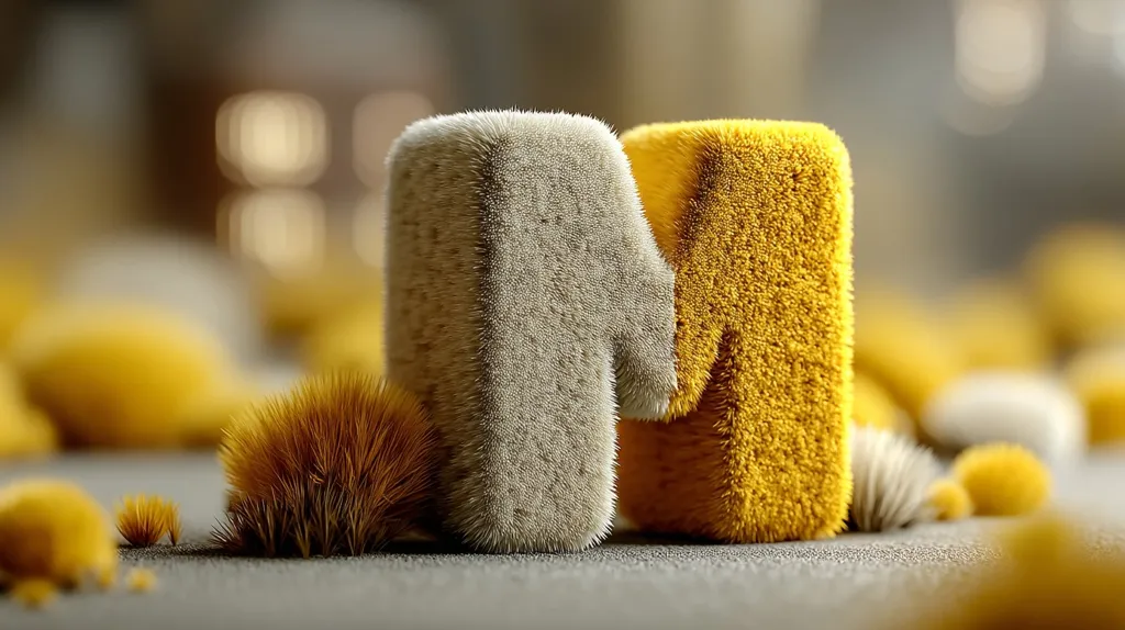 The letter "M" is crafted from a fluffy, textured material.  One side is a muted beige, while the other is a vibrant gold.  Small, fuzzy spheres of similar texture are scattered in the background, creating a soft, slightly blurred backdrop. The overall image is warm and inviting with a whimsical feel.  The "M" sits on a gray surface.
