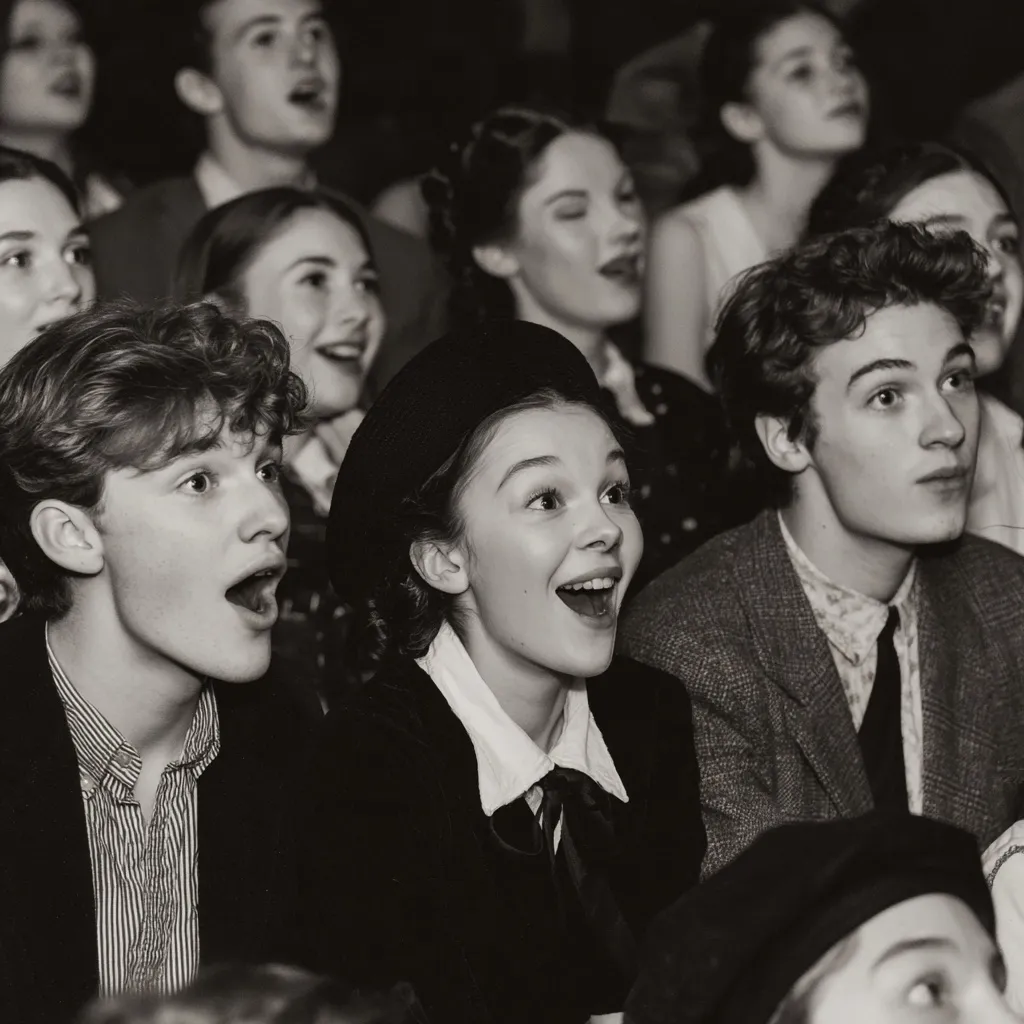 A black and white photograph captures a captivated audience, predominantly young people, reacting with expressions of surprise and excitement.  The central focus is on a young woman in a beret, her mouth open in awe, flanked by equally enthralled young men. The overall mood is one of shared wonder and engagement, suggesting a thrilling moment during a performance or event. The image evokes a nostalgic feeling of a bygone era.