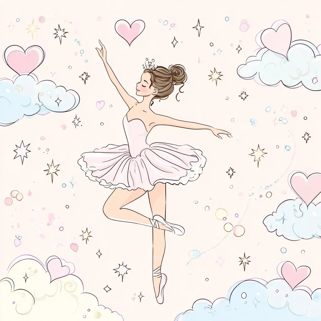 A ballerina, wearing a pink tutu and crown, gracefully leaps amidst pastel clouds and hearts.  Stars and sparkles fill the dreamy background, creating a whimsical and enchanting scene.  The ballerina's pose is elegant, reflecting a sense of lightness and joy. The overall aesthetic is soft, romantic, and perfect for a child's illustration.