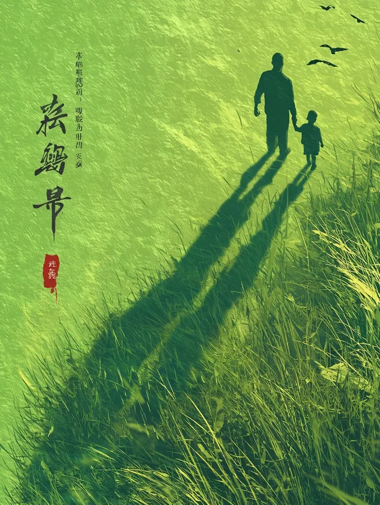 A father and son walk hand-in-hand across a vibrant green field, their elongated shadows stretching before them.  Birds fly overhead in a clear sky. The scene evokes a feeling of serenity and the bond between parent and child.  Vertical Chinese characters are present, likely relating to Father's Day. The image is stylized with a slightly muted, almost watercolor effect.
