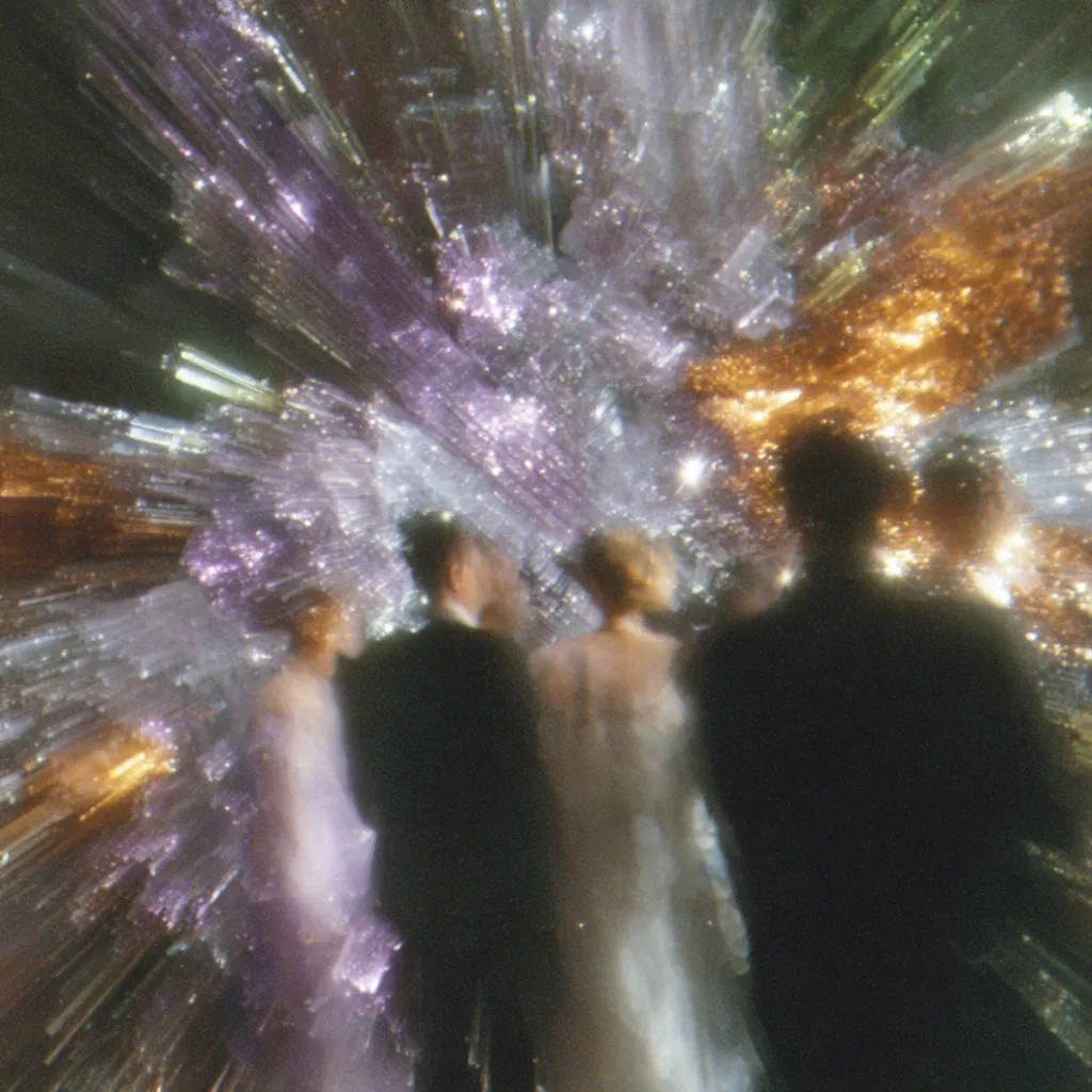 Blurred figures of three people, possibly a couple and a guest, stand before a dazzling, abstract backdrop. The background resembles an explosion of glittering crystals in shades of purple, gold, and white, creating a dreamlike, otherworldly atmosphere. The subjects are partially obscured, their features indistinct, adding to the ethereal quality of the image.