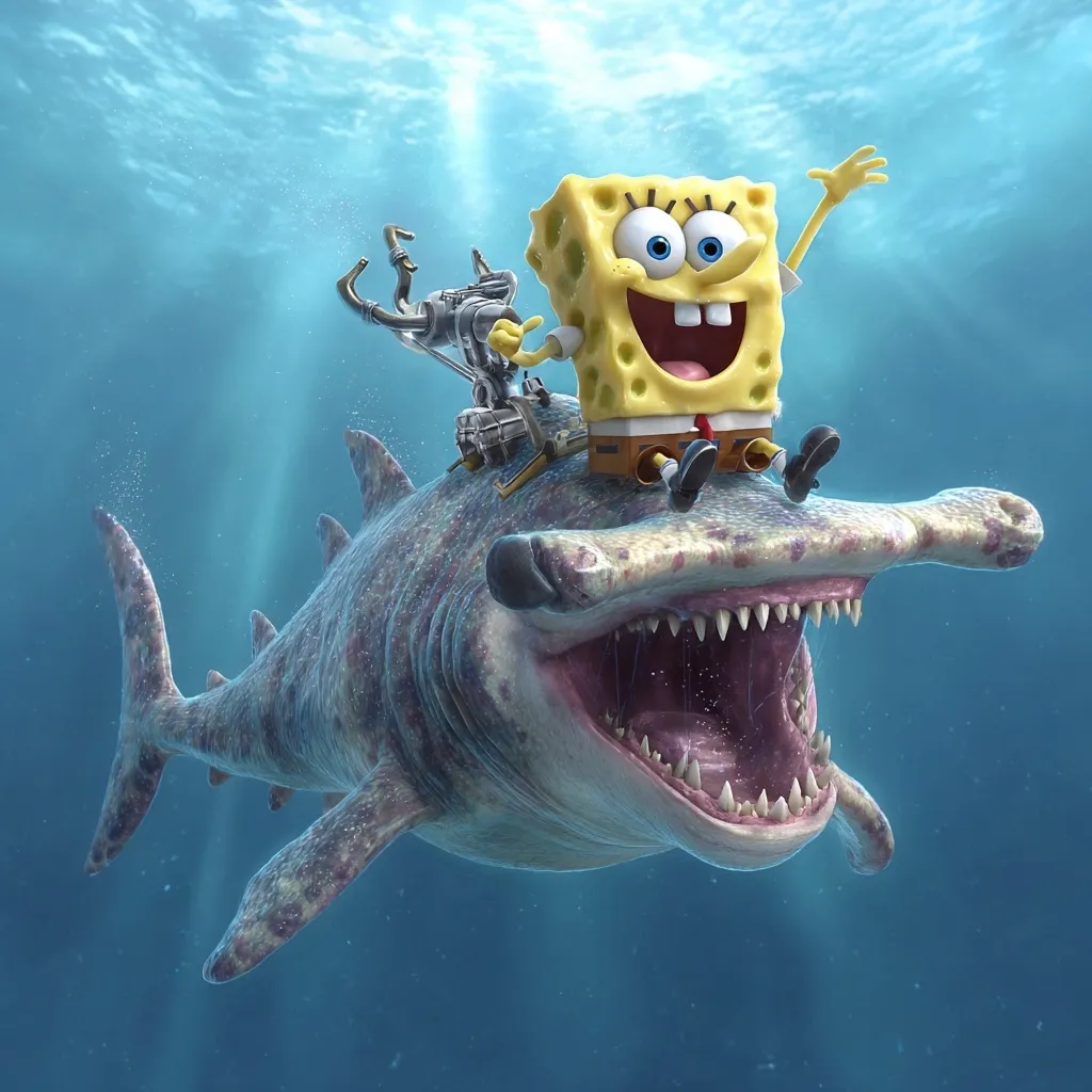 Spongebob Squarepants sits atop a large hammerhead shark, cheerfully waving.  He's perched on a small, mechanical contraption resembling a motor. The shark swims through sunlit, clear ocean water, its mouth agape in a friendly, not threatening manner. The scene is vibrant and cartoonish, suggesting a playful underwater adventure.