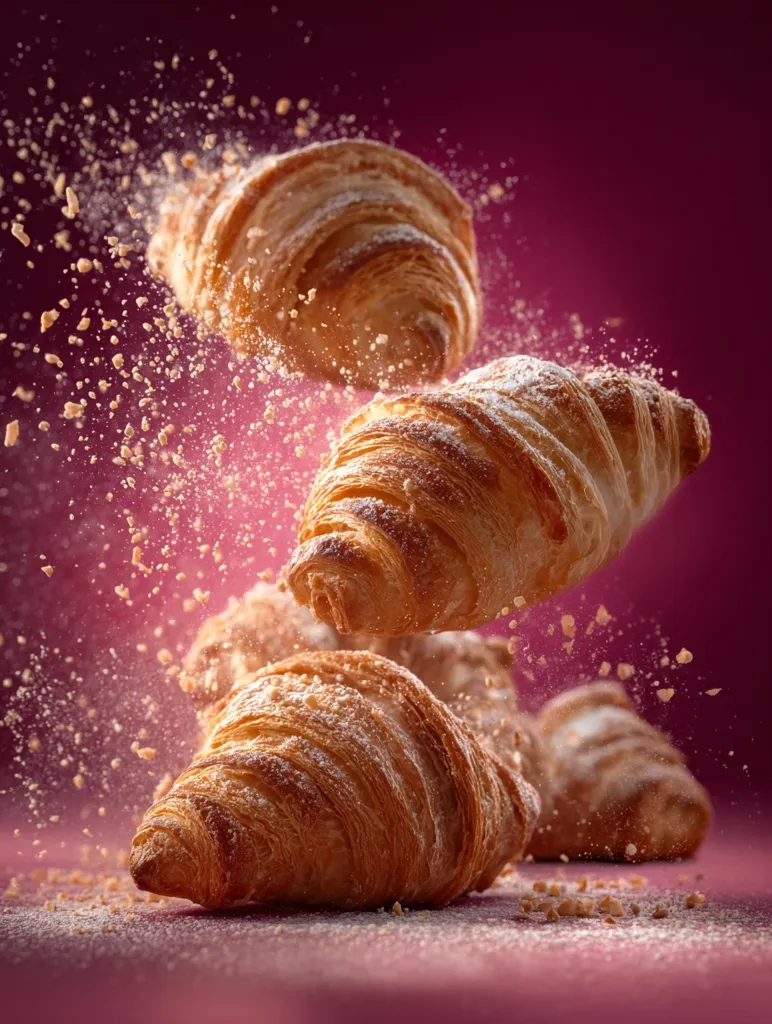 Three golden-brown croissants, dusted with powdered sugar, are captured mid-air against a deep pink background.  Crumbs and sugar fly in a dynamic burst of motion, showcasing the pastries' flaky texture and creating a visually appealing image of delicious baked goods.  The overall impression is one of freshness and irresistible indulgence.